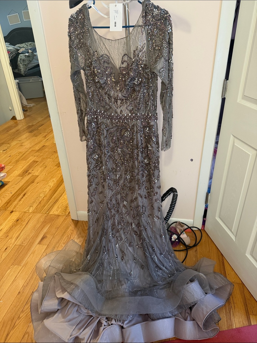 Jovani Gray Beaded Long Sleeve Wedding Gown